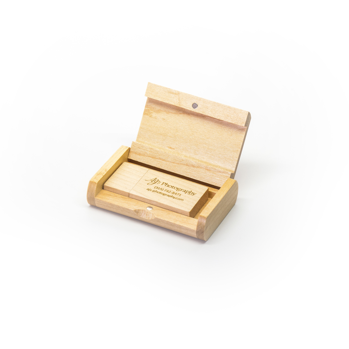 Hinged Curved Wooden Rectangular USB Box Open